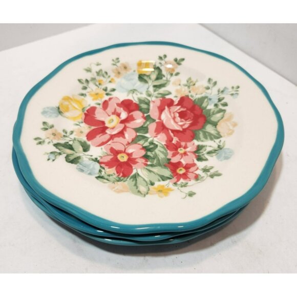 Pioneer Woman Vintage Floral Turquoise Edge Salad Plates 8.5 inch Set of 3 EUC - Picture 8 of 10